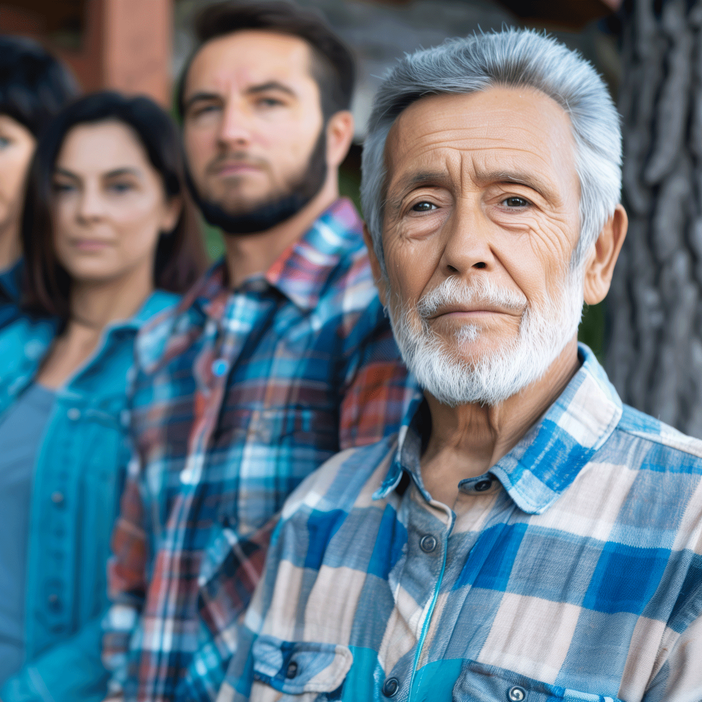 Hombre de la tercera edad, acompañada de dos personas mas jóvenes